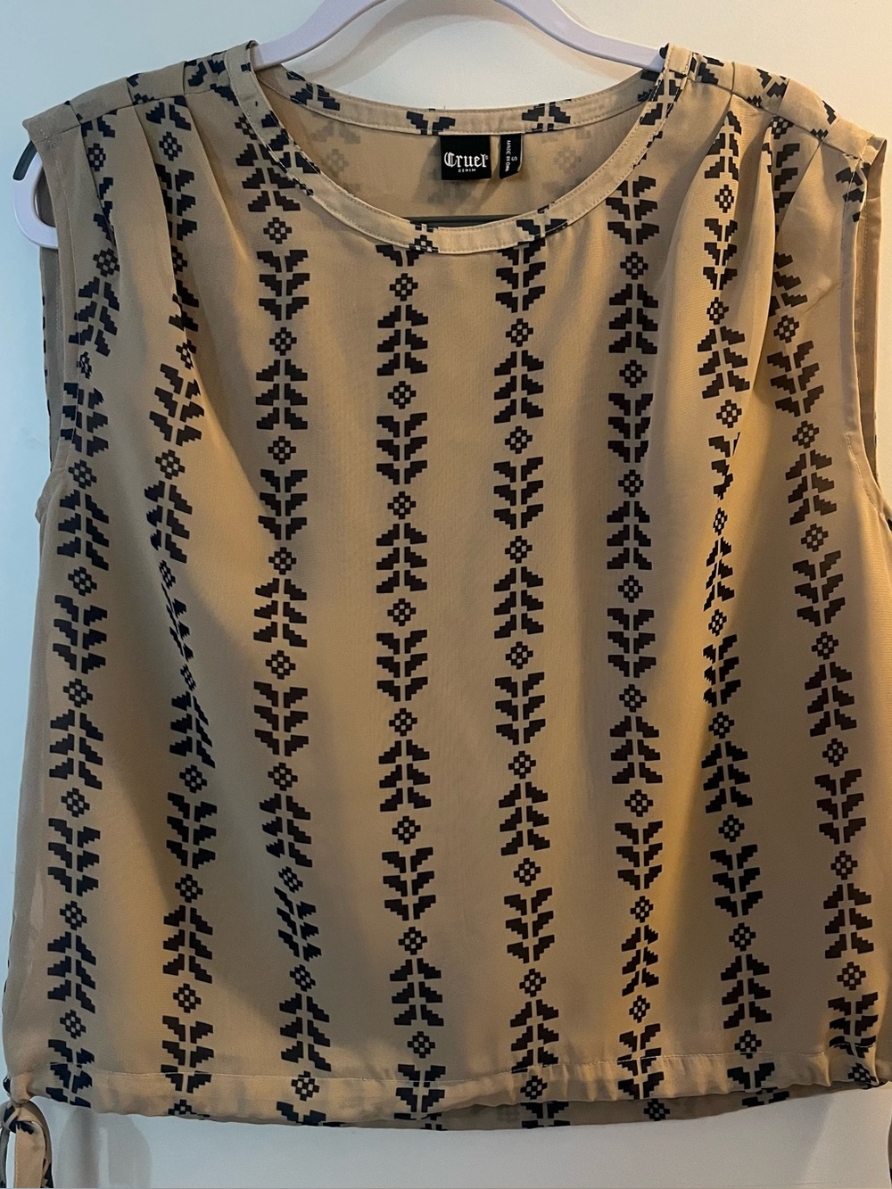 Cruel Denim Beige Sleeveless Top with Navy Geometric Print